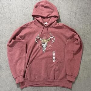 Jerzees XL Maroon Hoodie Deer Skull Floral Antlers Boho Pullover Men’s